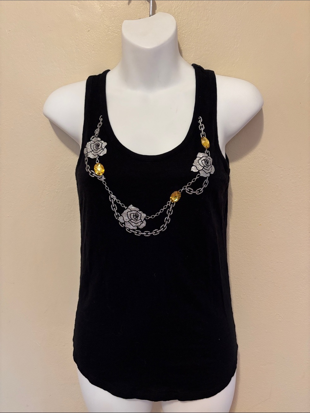 Candie's Black Tank Top with White Rose Chain and Gold Gem Accents